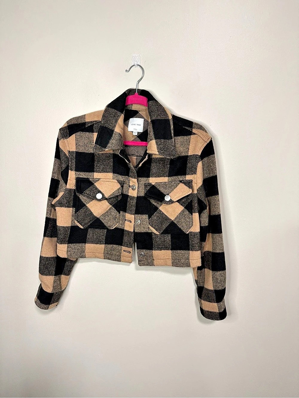 Love Tree Plaid Cropped Jacket in Brown & Black Size Small